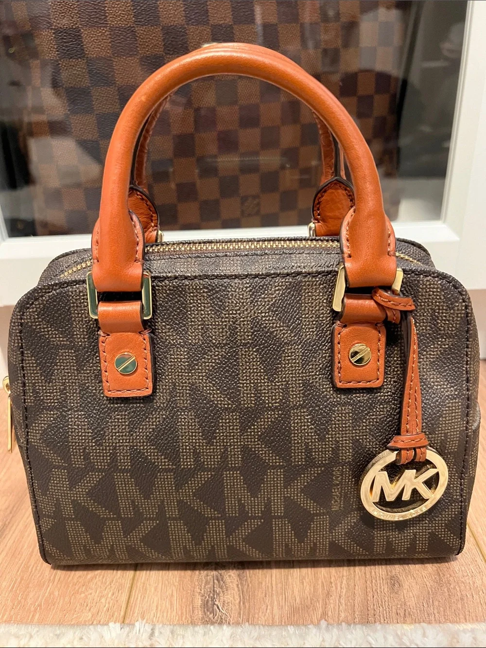 Michael Kors Brown and Tan MK Logo Dome Satchel with Wallet